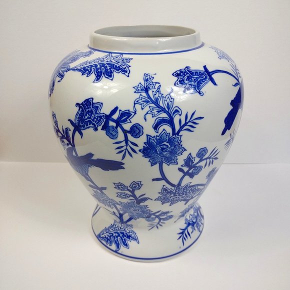 Vintage Chinese Asian Blue & White Porcelain 12" Vase Jar Urn Birds and Floral